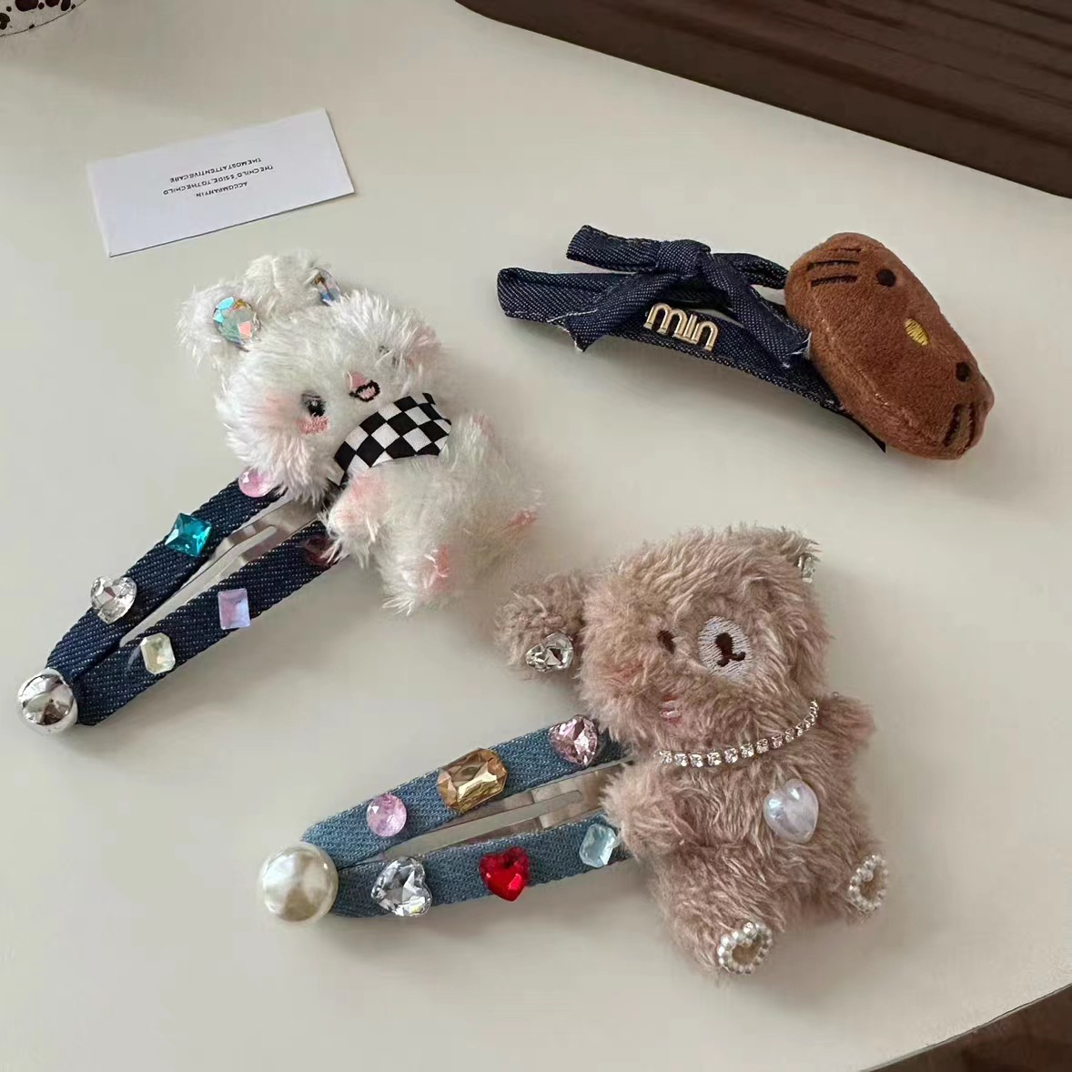 Cute Japanese and Korean Internet celebrity same style large gem furry rabbit bear hairpin side bangs clip BB clip broken hairpin