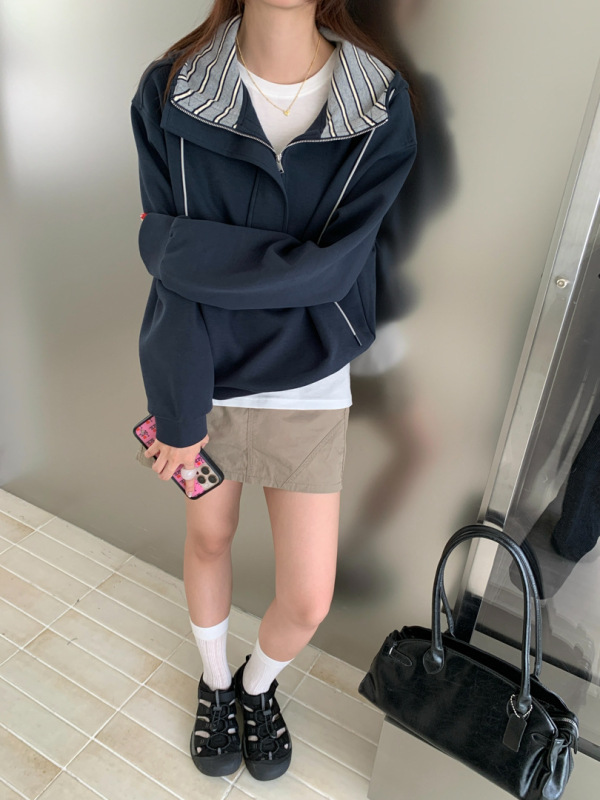 GAGD半拉链分割设计感连帽卫衣女2025秋季新款时尚百搭设计感上衣|undefined