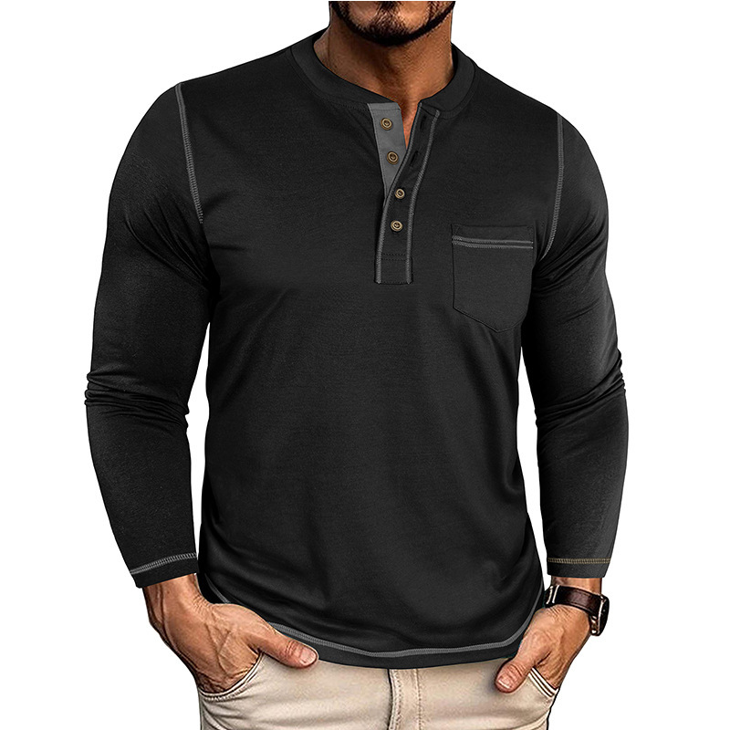 ヨーロッパとアメリカのラウンドネック紳士服秋と冬のタフガイレトロヘンリーポケットTシャツ長袖外国貿易メンズボトムスコントラストカラー老人シャツ|undefined