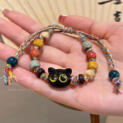 カラーガラス猫編み縄ブレスレットins復古風小衆高級感個性手串学生カップル飾り