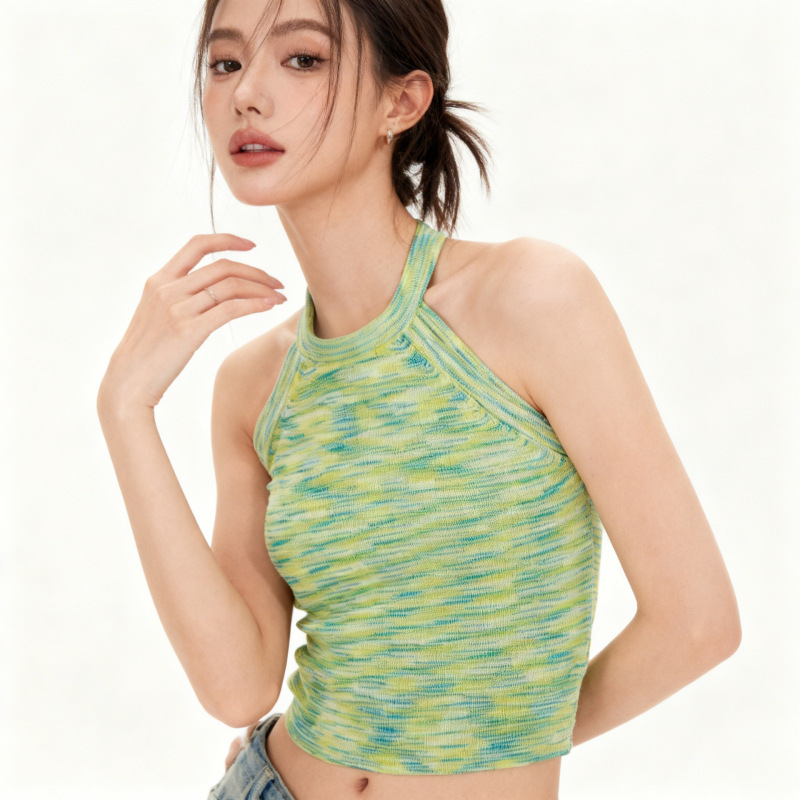 Dalang Sweater Factory Wholesale Elegant Ladylike Green Round Neck Sleeveless Halter Neck Pullover Knitted Vest for Women