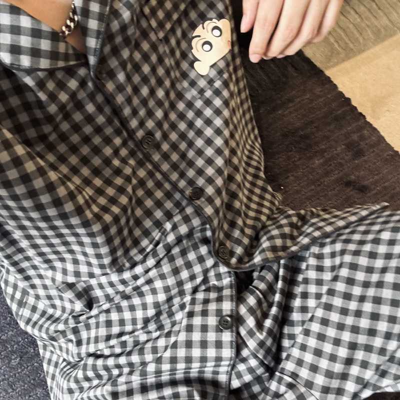 Autumn Crayon Shin-Chan Cartoon Plaid Cardigan Short-Sleeved Long Pants Pajama Set Jj-96092