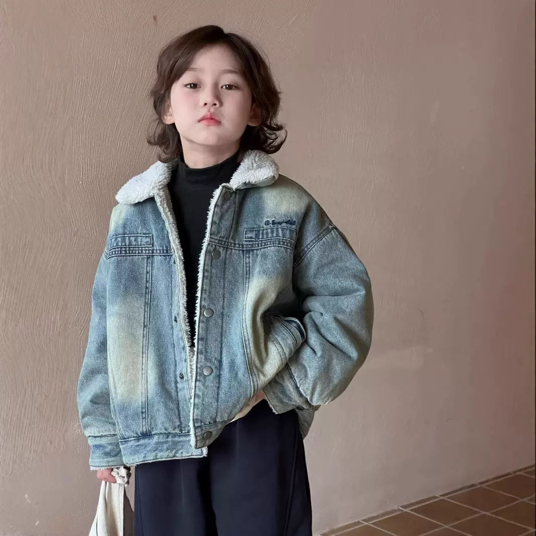 儿童羊羔毛牛仔外套2025冬季新款韩版男童复古宽松毛毛加厚外套潮