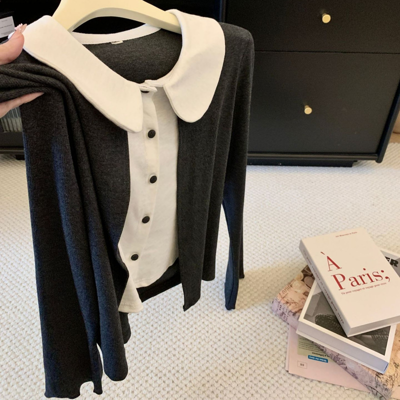 2026 New Korean Style Fashionable Age-Reducing Versatile Long-Sleeve Doll Collar Patchwork Color-Block Faux Two-Piece Knit Top