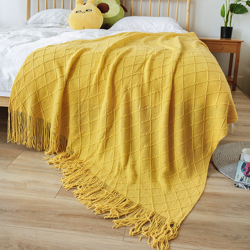 Buy quality Nordic Retro Rhombus Wool Blanket Yellow Knitted Blanket Bed End Blanket Bed Sofa