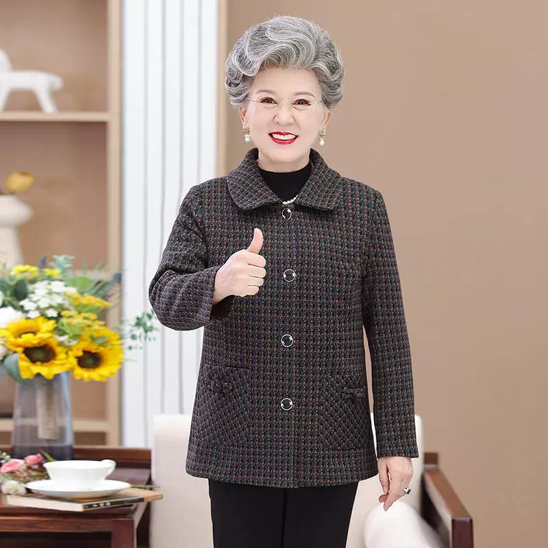 60-летняя бабушка, 80 лет, весна и осень, шерстяное пальто для пожилых, Женская мама, одежда для старой леди, шерстяное пальто с отворотом