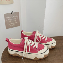 2023春夏季厚底帆布鞋女韓版休閒透氣小白鞋港風玫紅平底板鞋代發