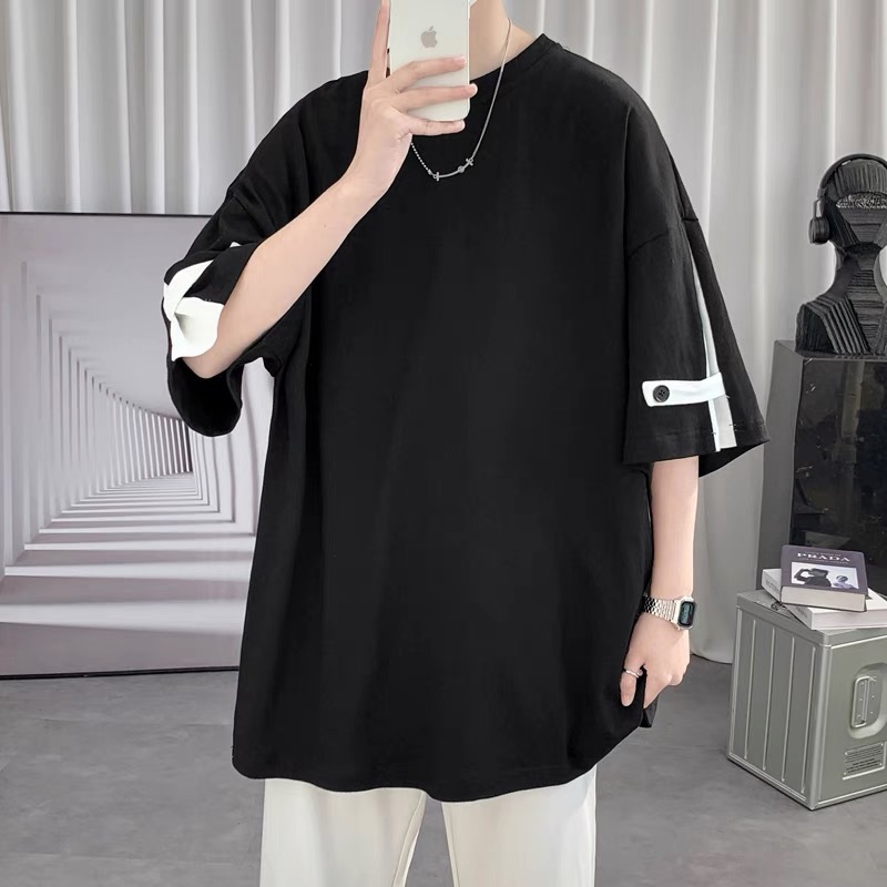 短袖男2022夏季港风复古大码休闲T恤潮流宽松胖子五分袖体恤衫男