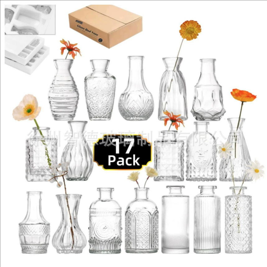 Transparent glass vases for decorating dining tables, home