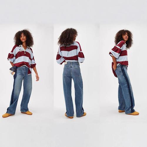 Factory direct sale European and American style new color-blocked washed straight-leg jeans, contrasting high-waisted casual loose wide-leg pants for women