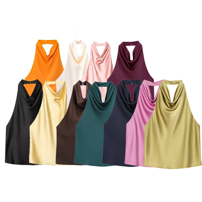 Cross-Border Popular Women's Sleeveless Satin Halter Top European and American Loose Solid Color Top Foreign Trade Wholesale