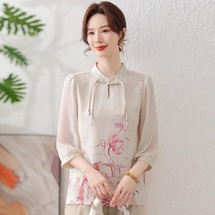 Mom's Summer Clothes 2025 New Chiffon Shirt Middle-Aged and Elderly Women's New Chinese Style Three-Quarter Sleeve Top Mid-Sleeve Suit