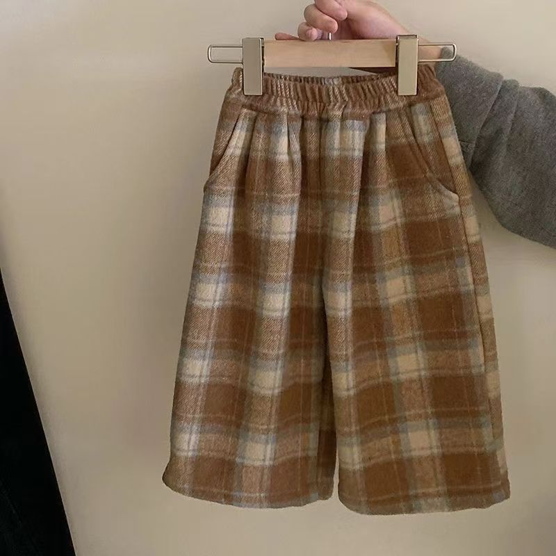 체크무늬 플리스 와이드 팬츠