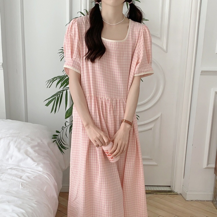 棉Korea夏季新款睡衣女连衣裙格子甜美泡泡袖大码学生家居服睡裙