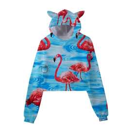 2022秋季新款3D火烈鸟数码印花 hoodies露脐套头衫女连帽卫衣外套