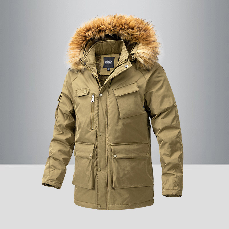 Amazon invierno con algodón de terciopelo largo y medio, ropa de algodón encapuchado, color sólido, bolsillo de algodón juvenil, abrigo