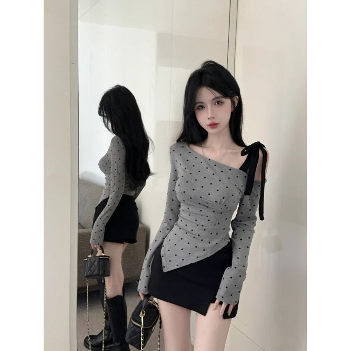 不规则灰色波点长袖t恤女春季新款设计感修身显瘦露肩打底衫上衣|undefined