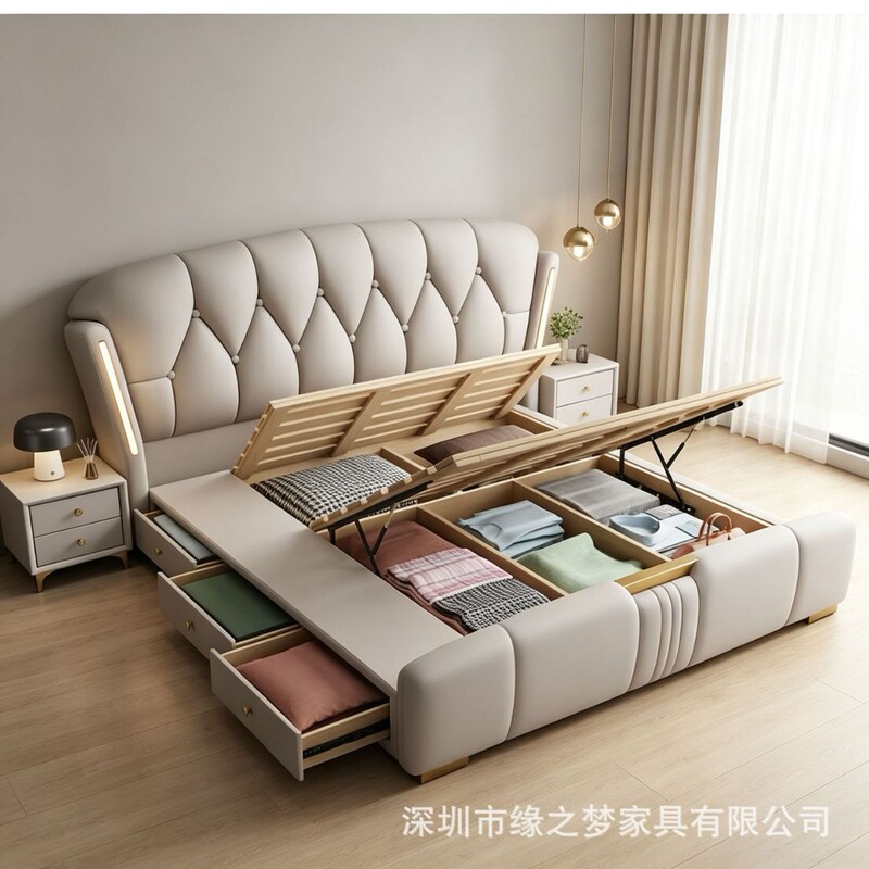 Italian minimalist leather double bed with curved diamond-shaped buttoned headboard, LED light strip, and drawer storage for home use