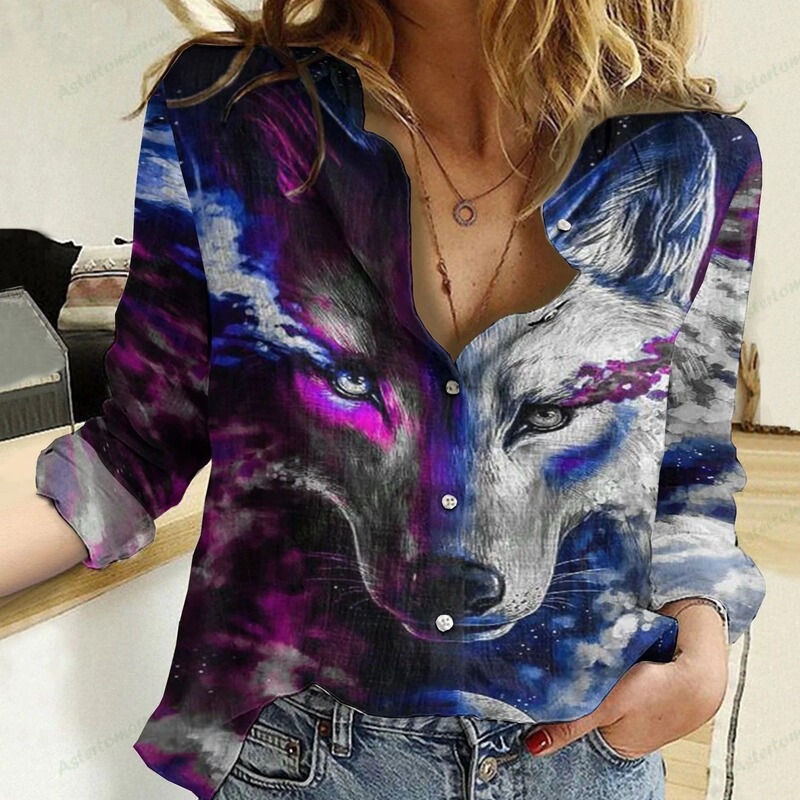 Cross-border European and American 3d Wolf printed long-sleeved shirt custom picture Autumn new foreign trade fashion top for women Wholesale
