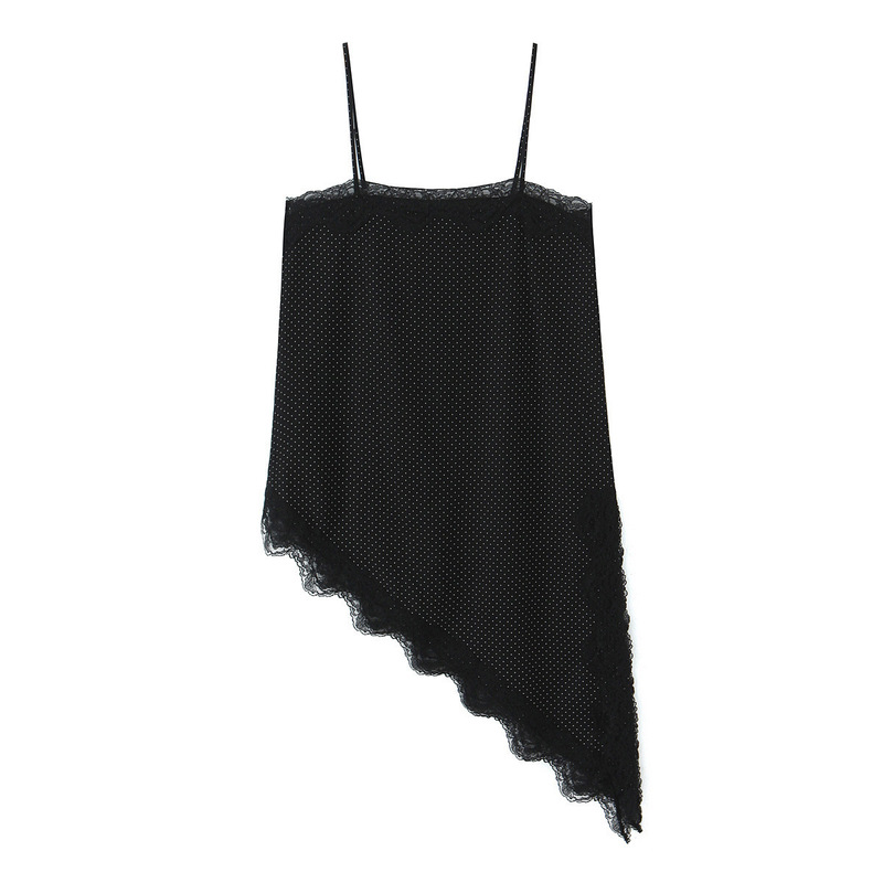 2026 Spring New Women's Straight Neckline Spaghetti Strap Lace Trim Polka Dot Asymmetrical Hem Top 9479281