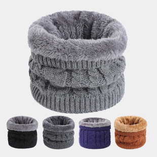 Hemp Flower Knitted Scarf Set Men's Winter Solid Color fleece-lined Cold-proof Outdoor Thickened Neck Warm Neck Sleeve