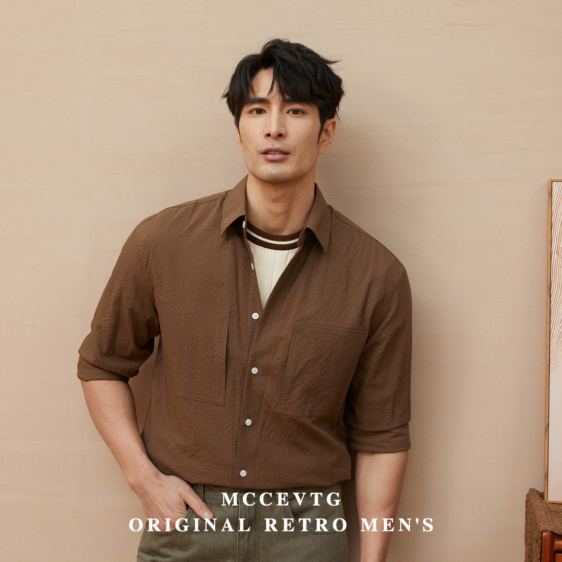 Ретро клетчатая рубашка мужские летние новые американские премиум-класса Чувствительный отдых против морщин с длинными рукавами рубашка топ