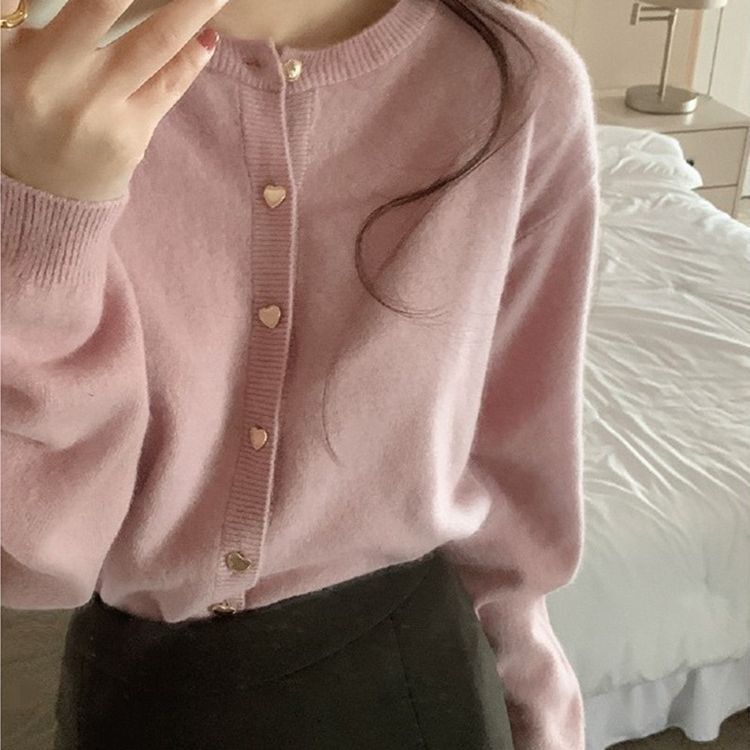 Pink Knitted Cardigan Women's Autumn and Winter Gentle Style Imitation Raccoon Velvet Design Short Sweater Coat Small Top
