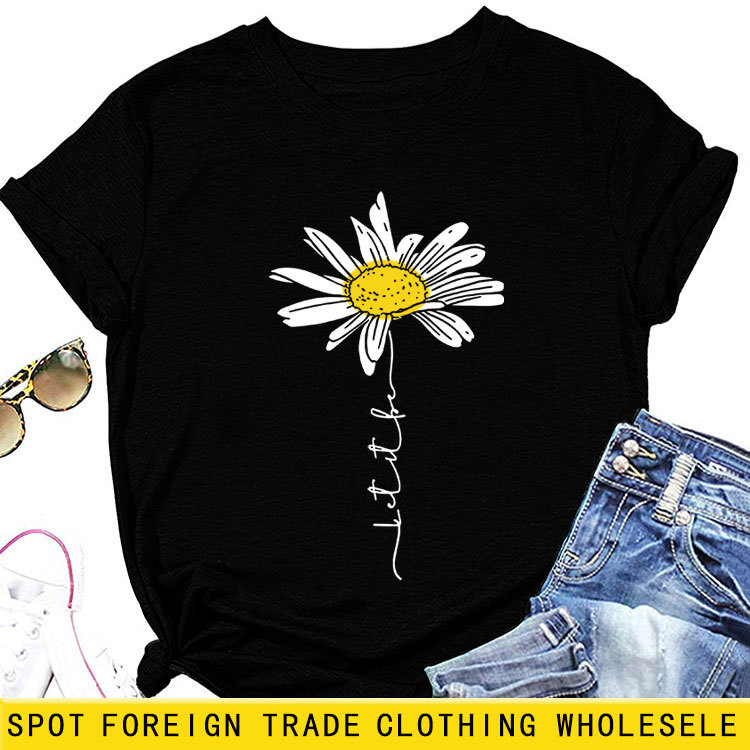 LET IT BE DAISY carta casual manga corta Amazon europeo y americano de las mujeres Top cuello redondo Camiseta suelta