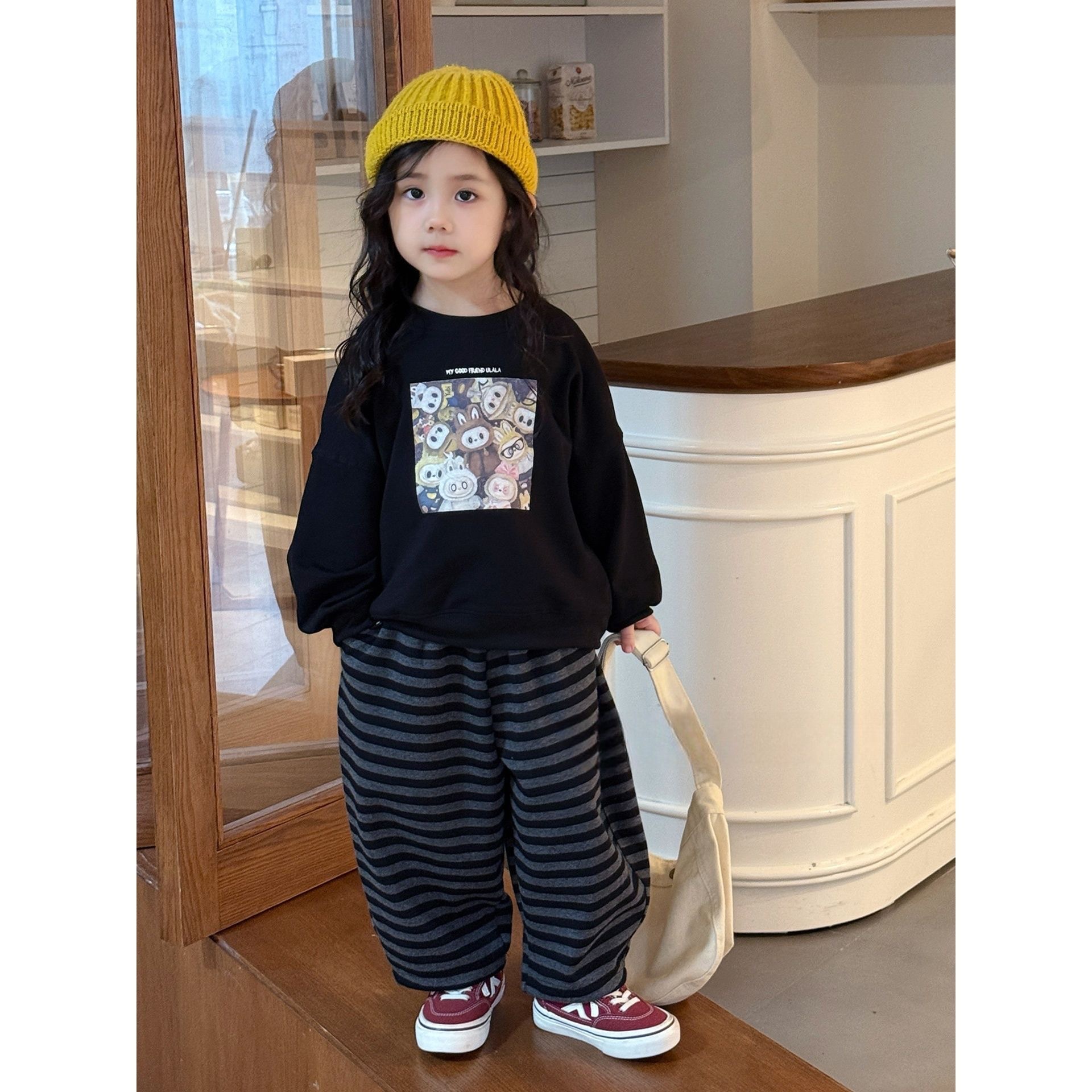 Girls' Fleece Suit 2025 New Style Kidsren's Sweatshirt Autumn and Winter Fashionable Baby Girl Stripesd Pants Two-Piece Set Trendy