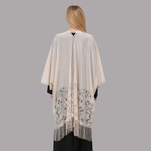 Autumn and winter new solid color lace hollow tassel polyester waistcoat long European and American elegant ladies all-match cheongsam shawl