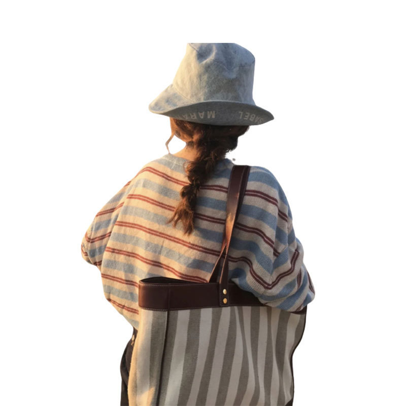 慵懒风条纹v领长袖针织衫女春秋设计感小众宽松打底衫t恤减龄上衣|undefined