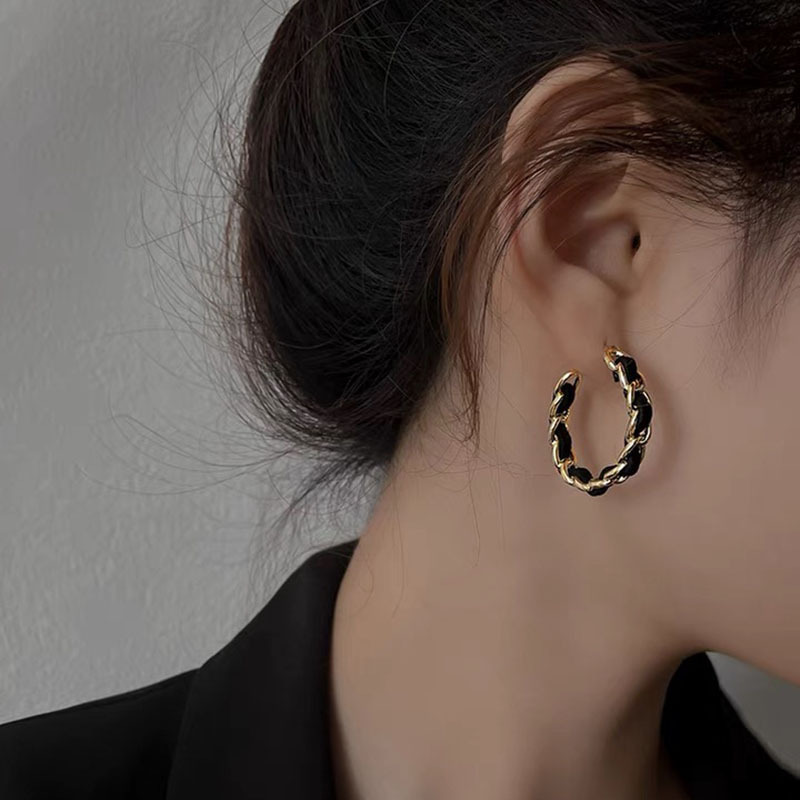2022新款韩国黑色链条耳环 复古夸张冷淡风气质C形耳圈耳饰品女
