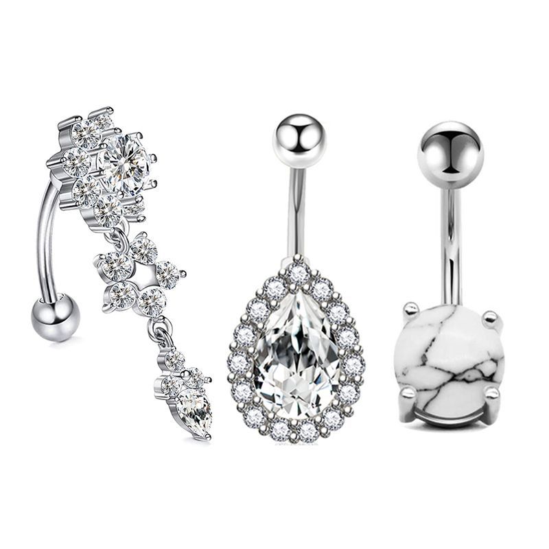 Exquisite AB Color Navel Zircon Ring Soft Pot Ball Belly Ring 3-Piece Set Stainless Steel detail image 15