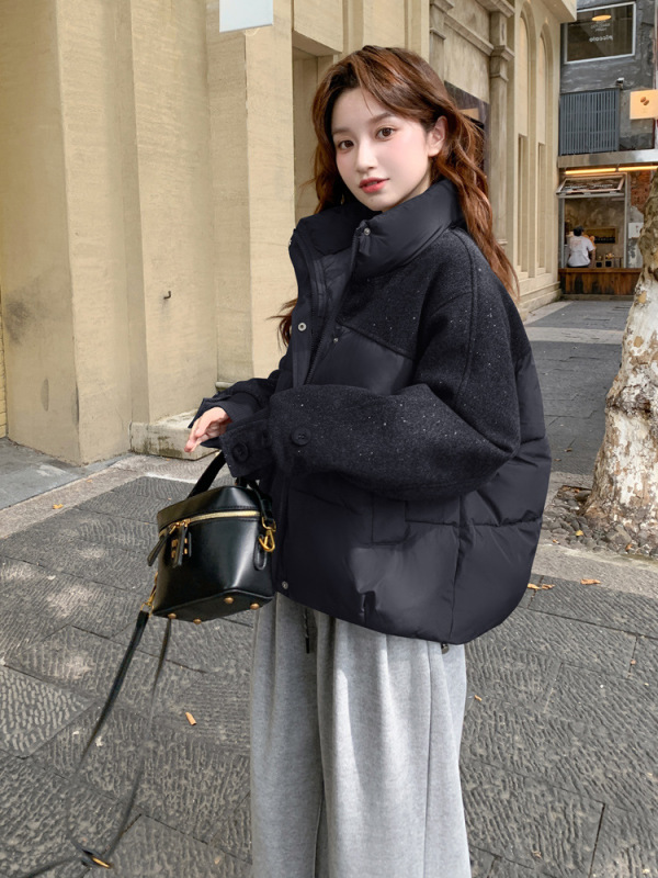 小个子烫砖毛呢拼接羽绒棉服女短款2025冬季新款爆款流行棉袄外套|undefined