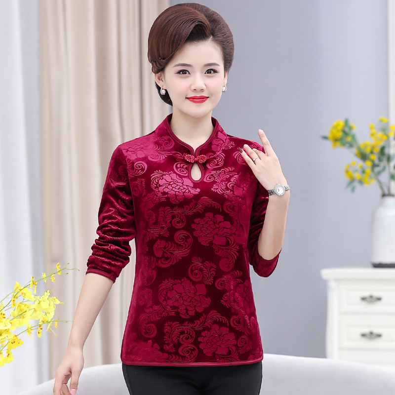 Mom 2025 New Long-sleeved T-shirt Mom Dress Retro Buckle Base Shirt Middle-aged and Elderly Cheongsam Collar Western Style Top for Women