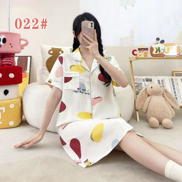 Pijama de verano de manga corta cardigan con solapa impresión de dibujos animados nubes de algodón dulce suelto medio largo vestido transfronterizo