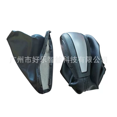 Shift Cover, Cab and accessories - black-leather-and-black-thread-gear-cover-handbrake-cover-plastic-head-three-piece-set-left-hand-drive