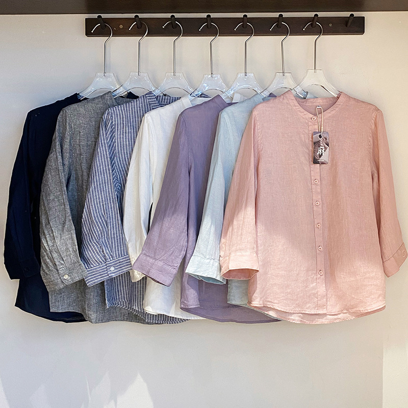 Sud町 100% French Linen Stand Collar Simple Versatile Three-Quarter Sleeve Pig Nose Embroidered Shirt for Women