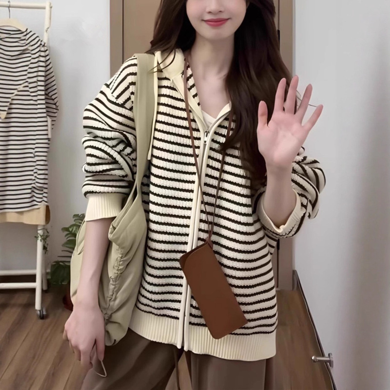 跨境抽绳连帽条纹毛衣女秋冬韩版宽松慵懒风休闲针织开衫上衣外套|undefined