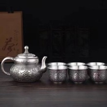 纯银s999复古做旧银壶《葫芦百福》手工纯银泡茶壶家用功夫茶具