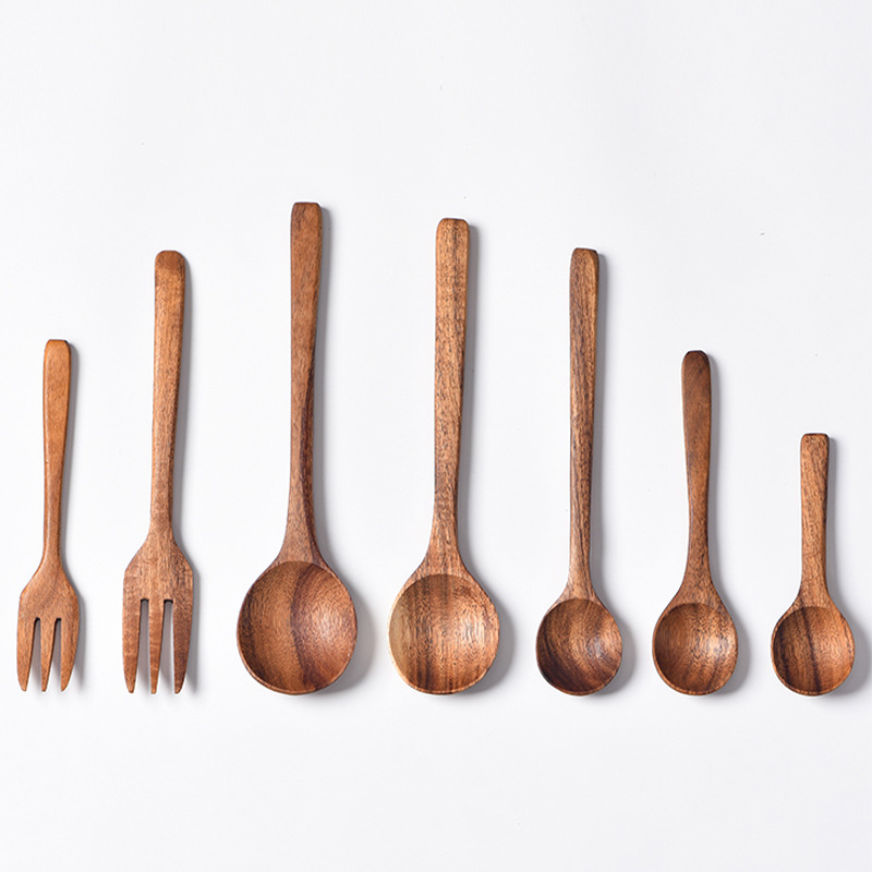 Mango largo traje de cuchara de madera al por mayor hogar café japonés tamaño lovesick cuchara de madera tenedor cuchara logotipo imprimible