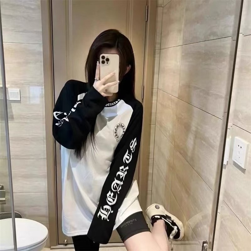 2025早秋新款十字架梵文印花美式复古撞色插肩网红同款长袖T恤女|undefined