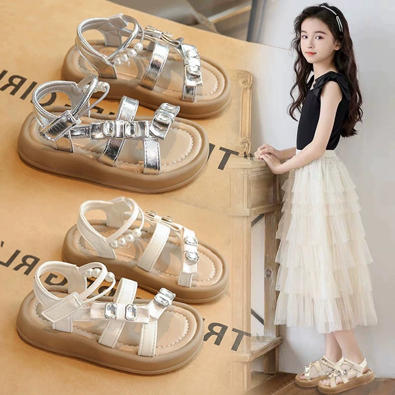 2025 Новые летние детские сандалии для больших детей, модные сандалии для девочек, повседневные сандалии принцессы, с толстой подошвой и мягкой подошвой, пляжная обувь