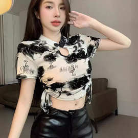 单层网纱薄款新中式盘扣扎染短袖t恤女夏纯欲甜辣妹性感短款上衣