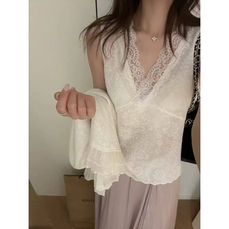 European-Style Fashionable Lace Blouse for Women, 2026 New Model, Sleeveless V-Neck Tank Top for Outerwear or Layering