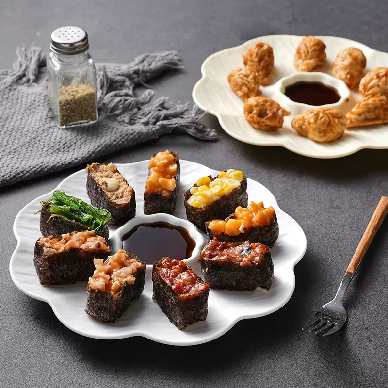 创意石纹饺子盘带醋料碟塑料pp点心盘小吃盘商用分格炸虾寿司盘子