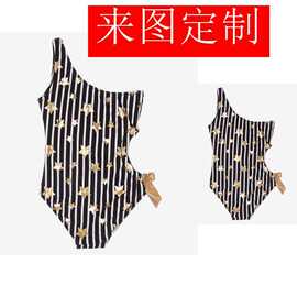 儿童女童妈妈烫金条纹连体游泳衣潜水服亲子连体泳衣防晒衣工厂