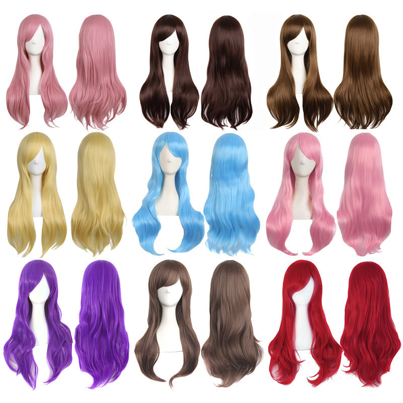 Wig Female Long Hair Universal Cos Curly Hair Slightly Curly Wavy Headgear 70cm Golden Pink Blue Realistic Full Hair Cover