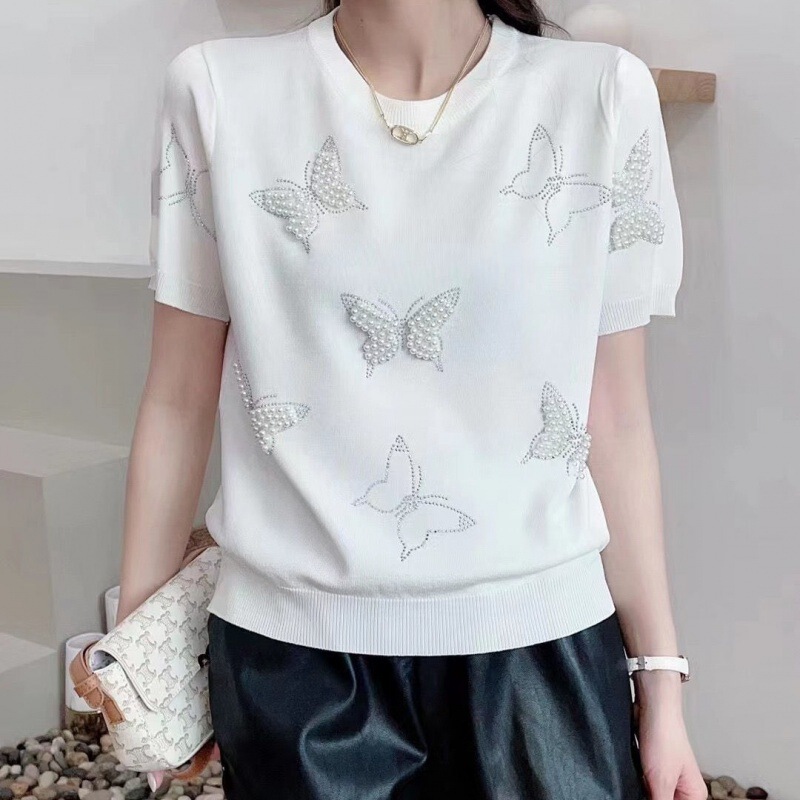 Summer 2023 Korean style thin ice silk sweater women's short-sleeved design sense niche beaded rhinestone Butterfly Top Fashion