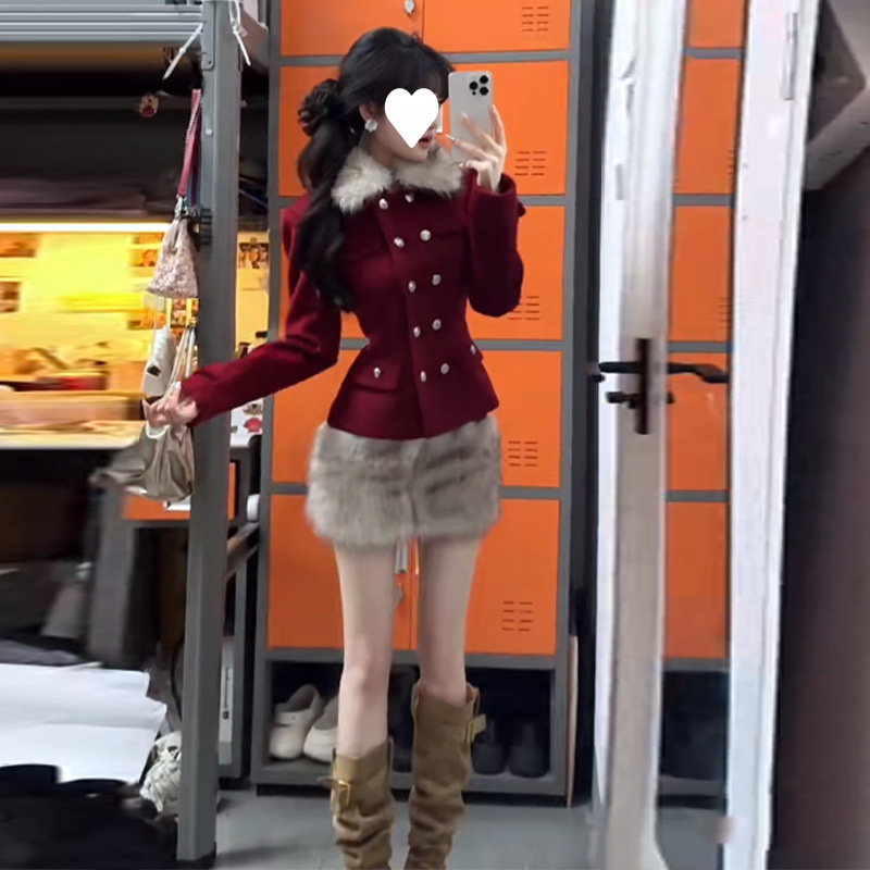 套冬双排扣半身裙两件红色毛呢外套毛领感收腰复古高级小香风套装